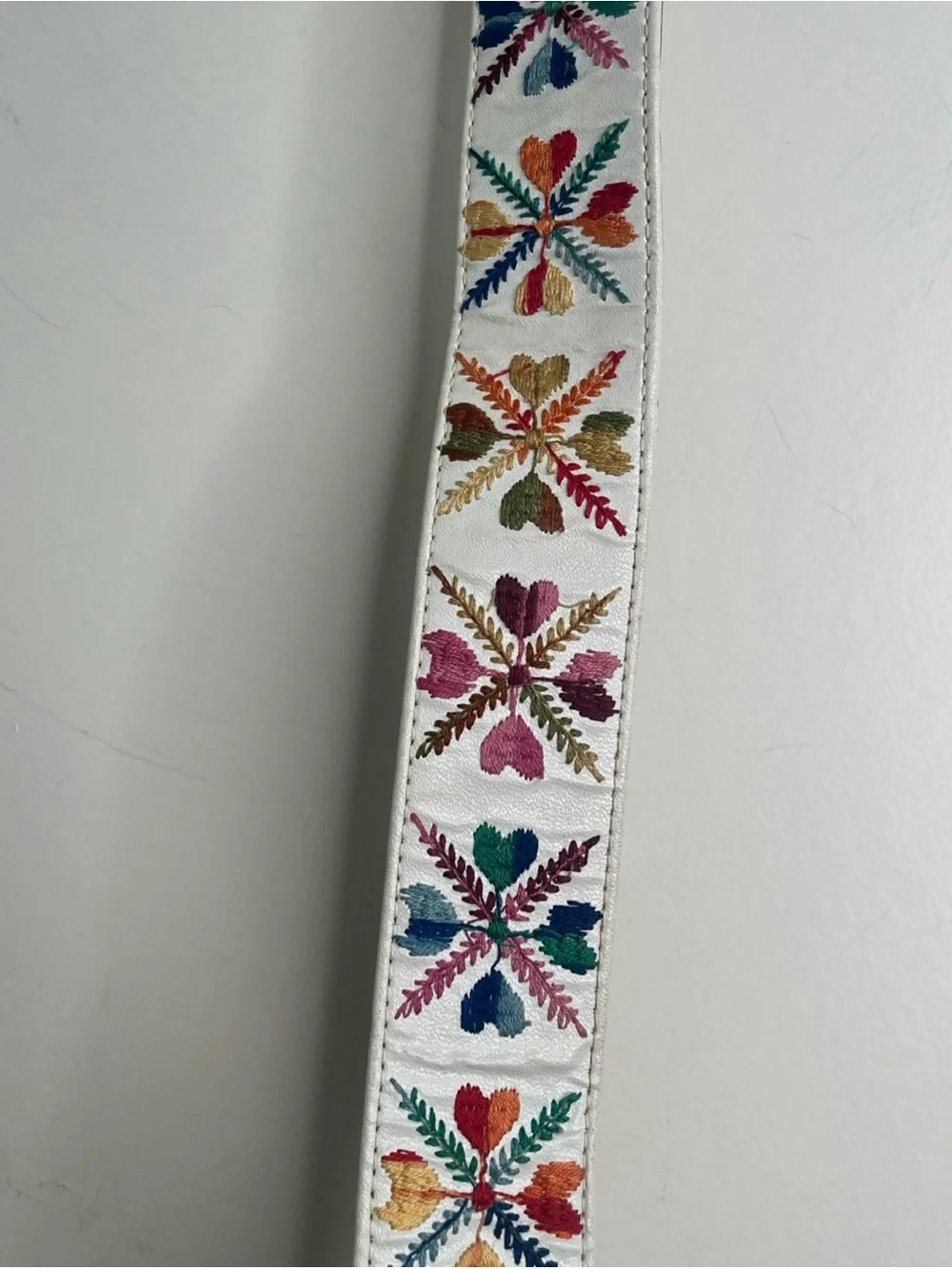 Vintage 70's Bechelli Embroidered Belt Tiger Head Brass Buckle Ivory Floral Boho